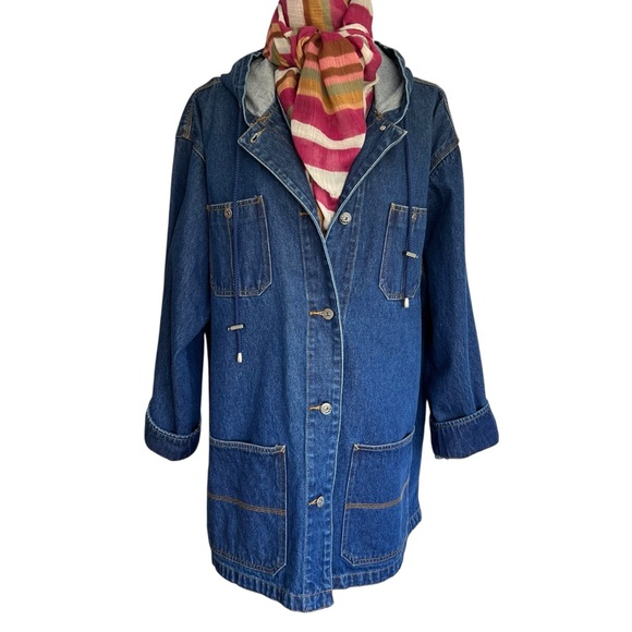 Denim Medium Wash Long Line Hooded Chore Jacket Coat Size 26/28 W - Picture 3 of 16